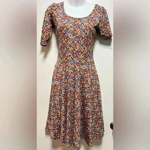 Lularoe Nicole Red Blue Geometric Printed Dress Size
